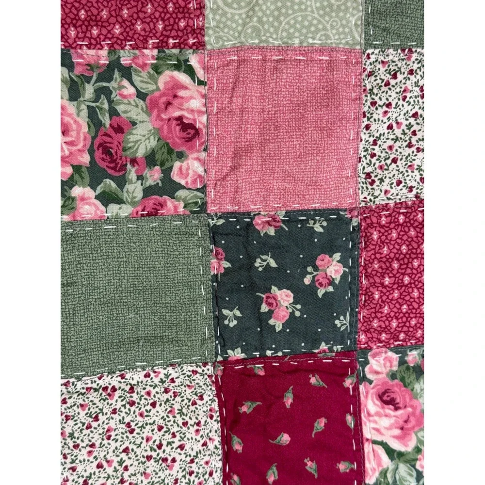 VTG Patchwork Quilt Floral Pink Reversible Dragonfly Lap Hand Stitched 51x44